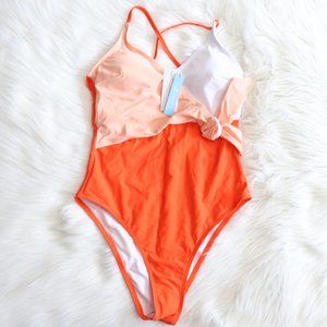 Cupshe Colorblock Wrap One-Piece Swimsuit in Pink, White & Red